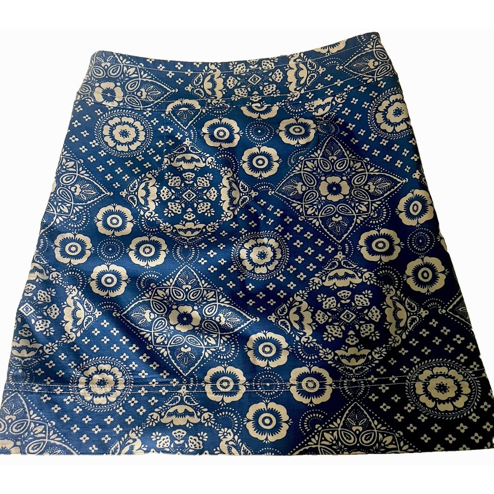 Talbots Womens 4P 4 Petite Blue White Floral Tile Print A Line Cotton Skirt